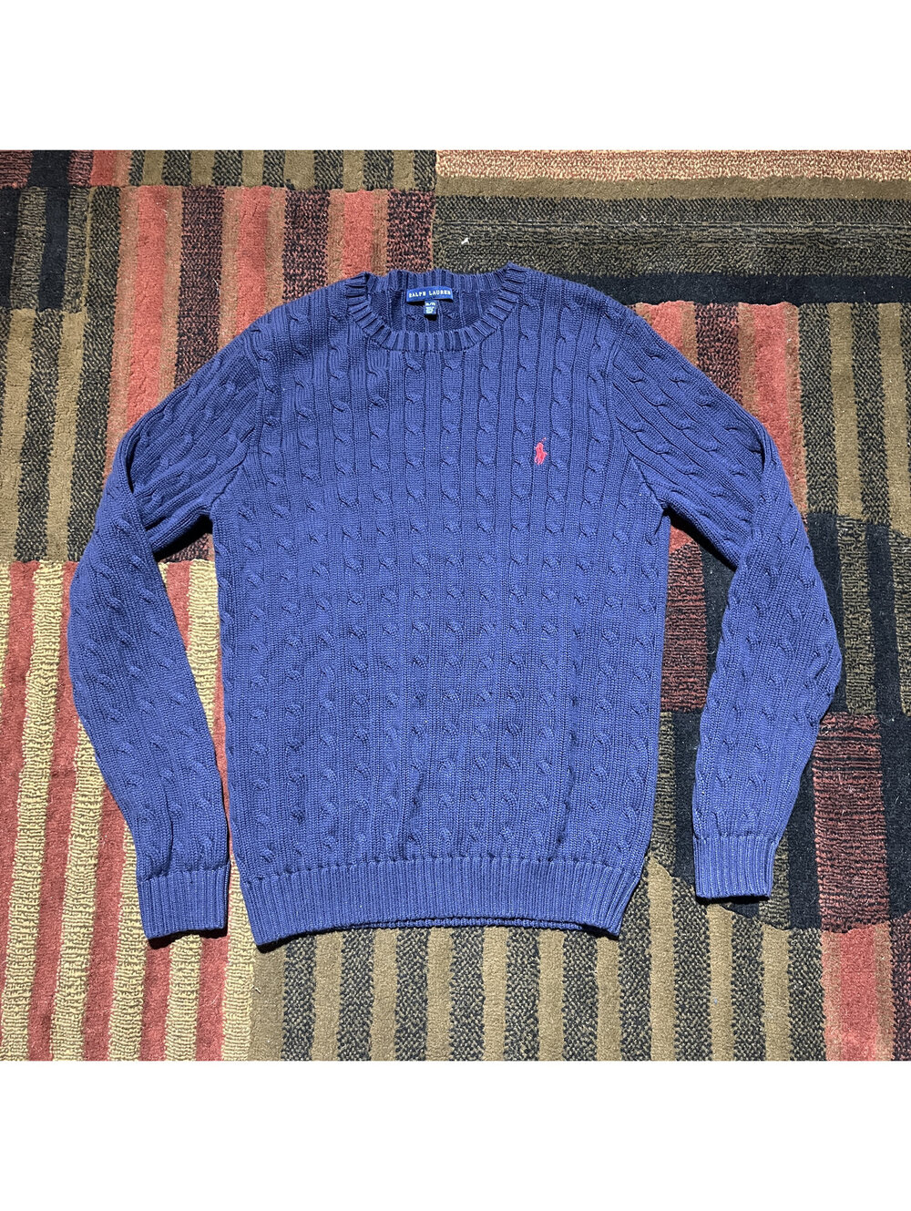 Ralph Lauren Navy Cable Knit Sweater Red Pony XL
